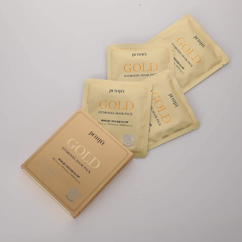 PETITfÉE GOLD HYDROGEL SHEET MASK for Dry Skin, Wrinkles and Anti-Aging. PACK OF 5, 160 g (32g X 5 Sheets)