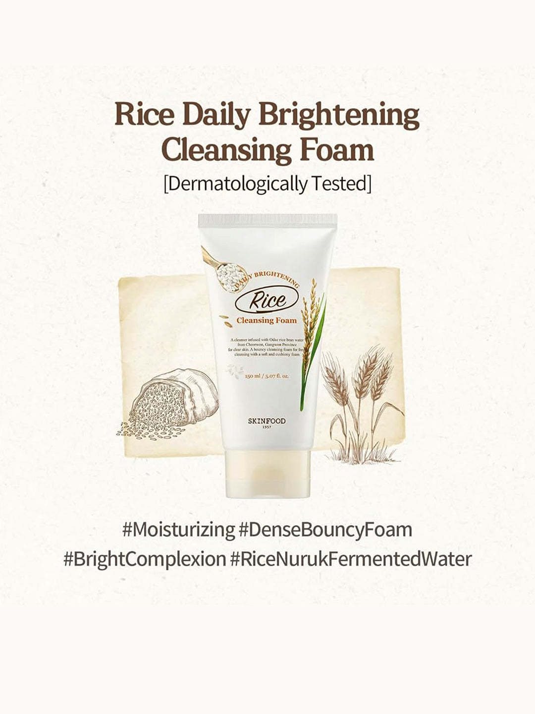SKINFOOD Rice Daily Brightening Cleansing Foam : Removes impurities and cleanses(150ml)