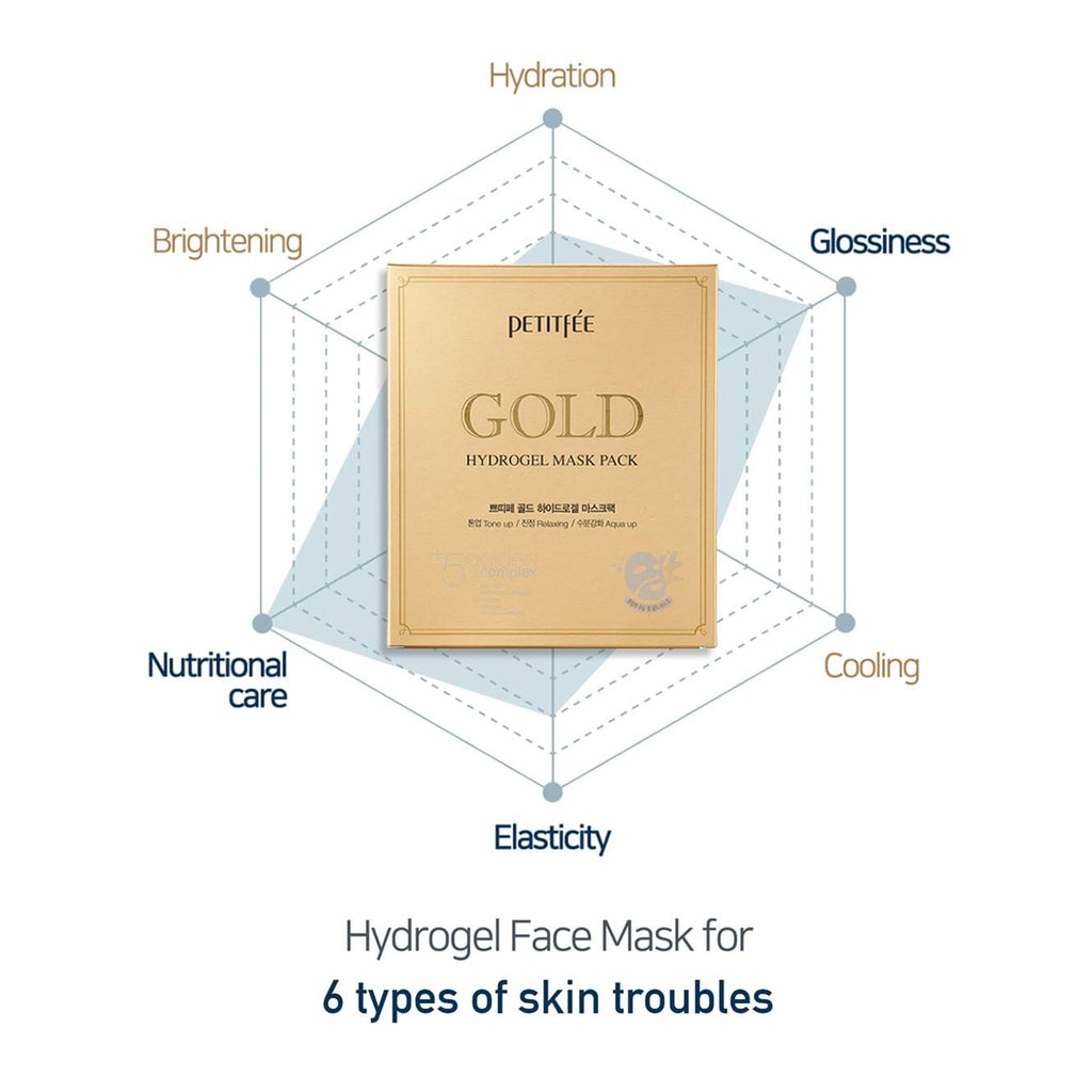 PETITfÉE GOLD HYDROGEL SHEET MASK for Dry Skin, Wrinkles and Anti-Aging. PACK OF 1 (32g)