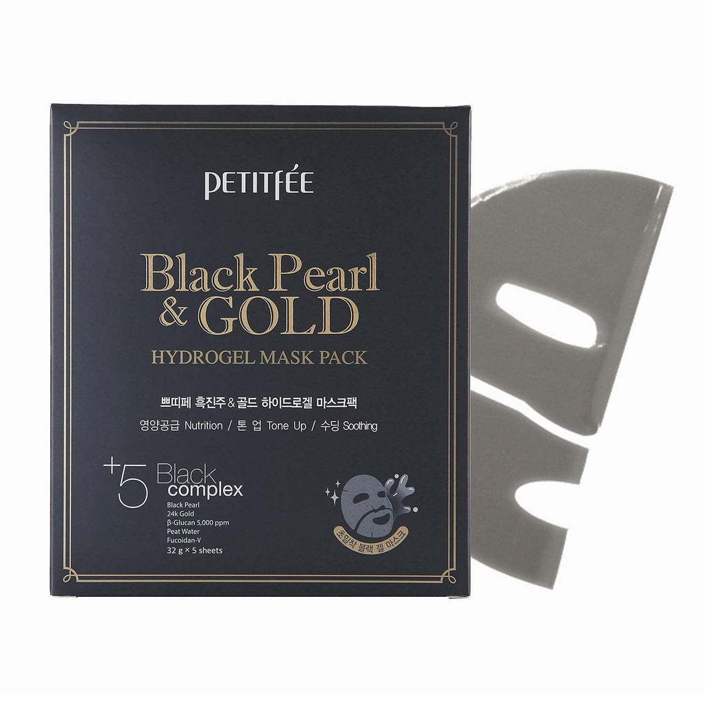 PETITfÉE BLACK PEARL & GOLD HYDROGEL SHEET MASK for Oily Skin, Sebum Control, Dark Spots and Brightening. PACK OF 5, 160 g